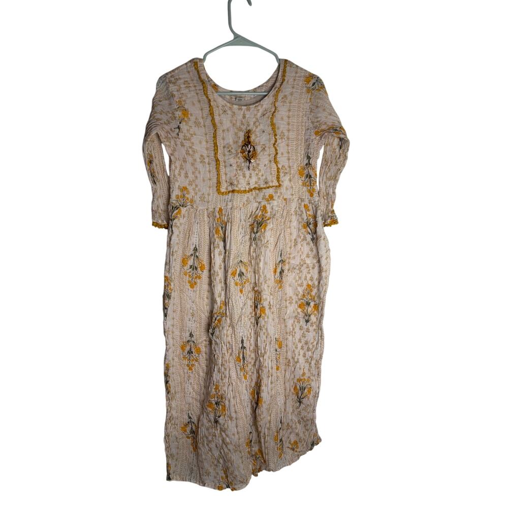 South Asian Floral Kurti Maxi Dress Woman XL 42 Cream Yellow Boho Gown 44"